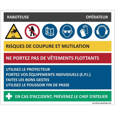 Fiche sécurité raboteuse - H 200 x L 240 mm - PVC 