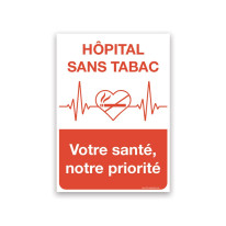 Panneau hôpital sans tabac, électrocardiogramme avec une cigarette barré au centre d'un cœur
