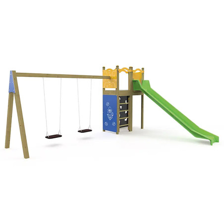 Structure de jeux avec toboggan et 2 balançoires
