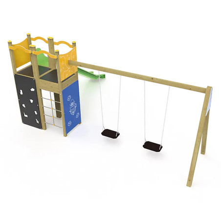 Structure de jeux avec toboggan et 2 balançoires