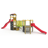 Structure de jeux double tour avec 2 toboggans et escalade