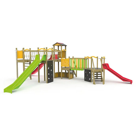 Structure de jeux en bois triple tour avec 3 toboggans et filets
