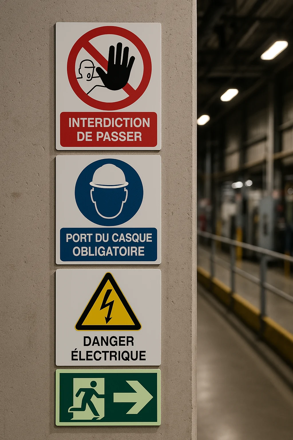 Panneaux de sécurité pour prévenir les risques. Panneaux de sécurité sur un mur industriel.